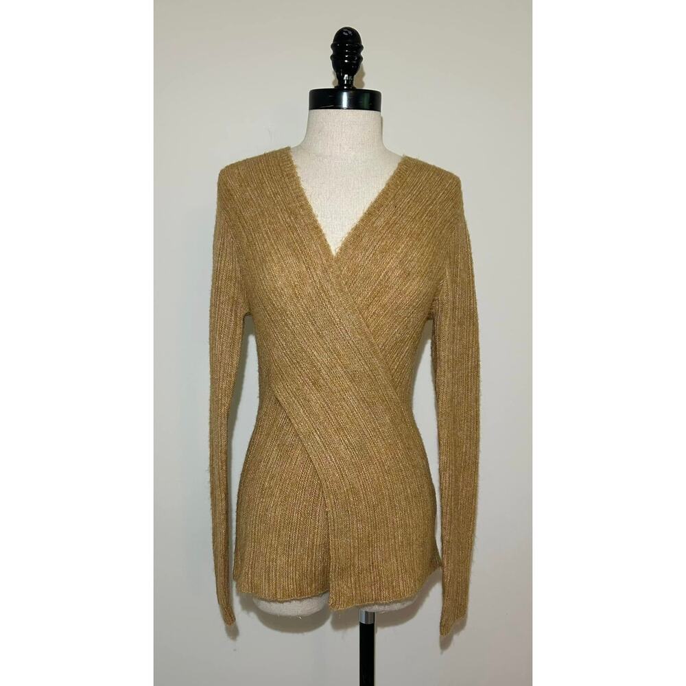 THE KORNER Tan Brown Sweater Vneck Polyester Blend Pullover Solid Womens S/M